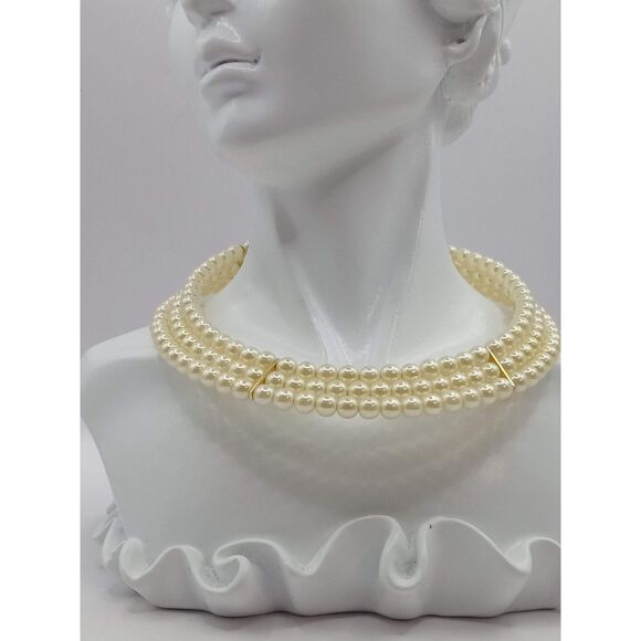 Vintage Three Strand Gold Tone Spacers Memory Wire Choker Necklace - Picture 3 of 9